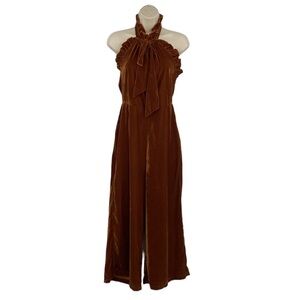 Anthropologie Kristinit Jumpsuit‎ Womens Small Velvet Spicy Orange Halter Ruffle